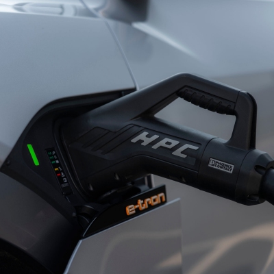 The Audi e-tron 55 electric SUV is charging its battery